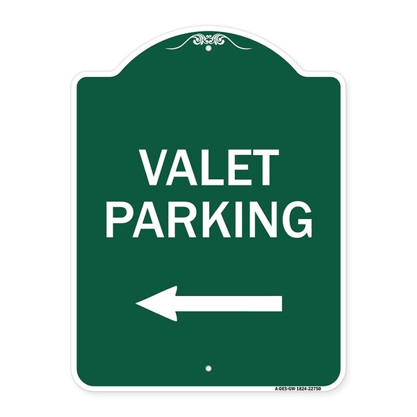 Valet Parking with Left Arrow, Green & White Aluminum Architectural Sign, 18" x 24", GW-1824-22750